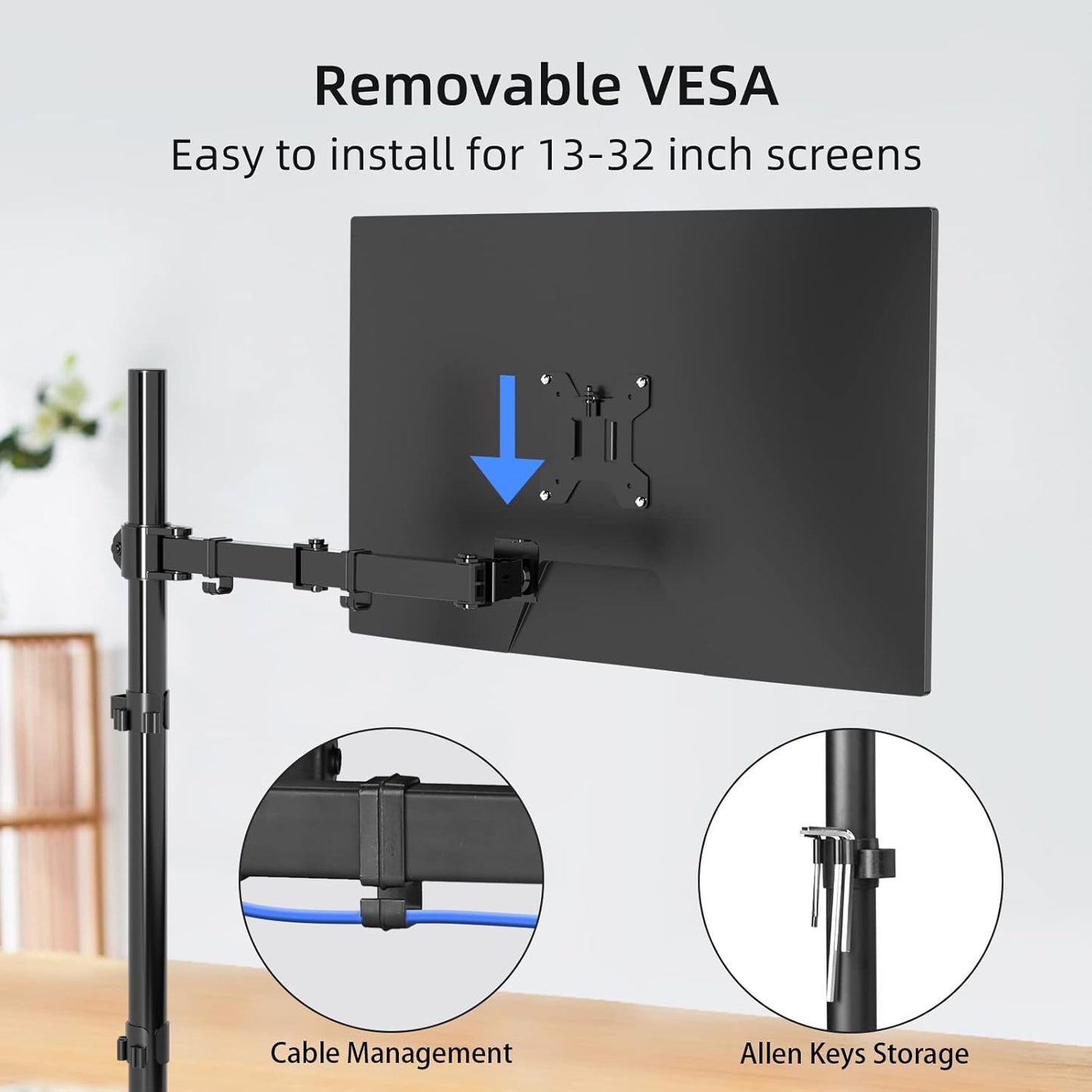 Suptek Single Monitor Arm Desk Mount Fully Adjustable Monitor Stand for 1 / One Screen up to 32 inch Extra Tall 31.5 inch Pole,Black (MD6821)