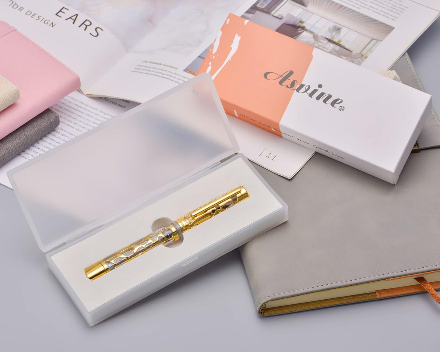 Asvine V169 Vacuum Filling Fountain Pen Extra Fine Nib, Water Drop Skeleton Overlay Gold Trim Transparent Clear Acrylic Pen Case Set