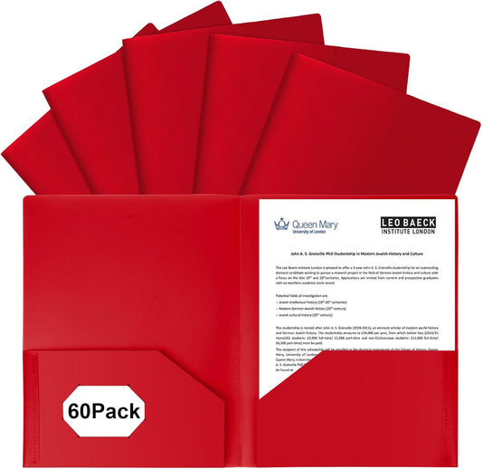 60-Pack Plastic Folders with Pockets,2-Pocket Poly Folders Holds 8-1/2" x 11" Paper for School/Office/Home, Red