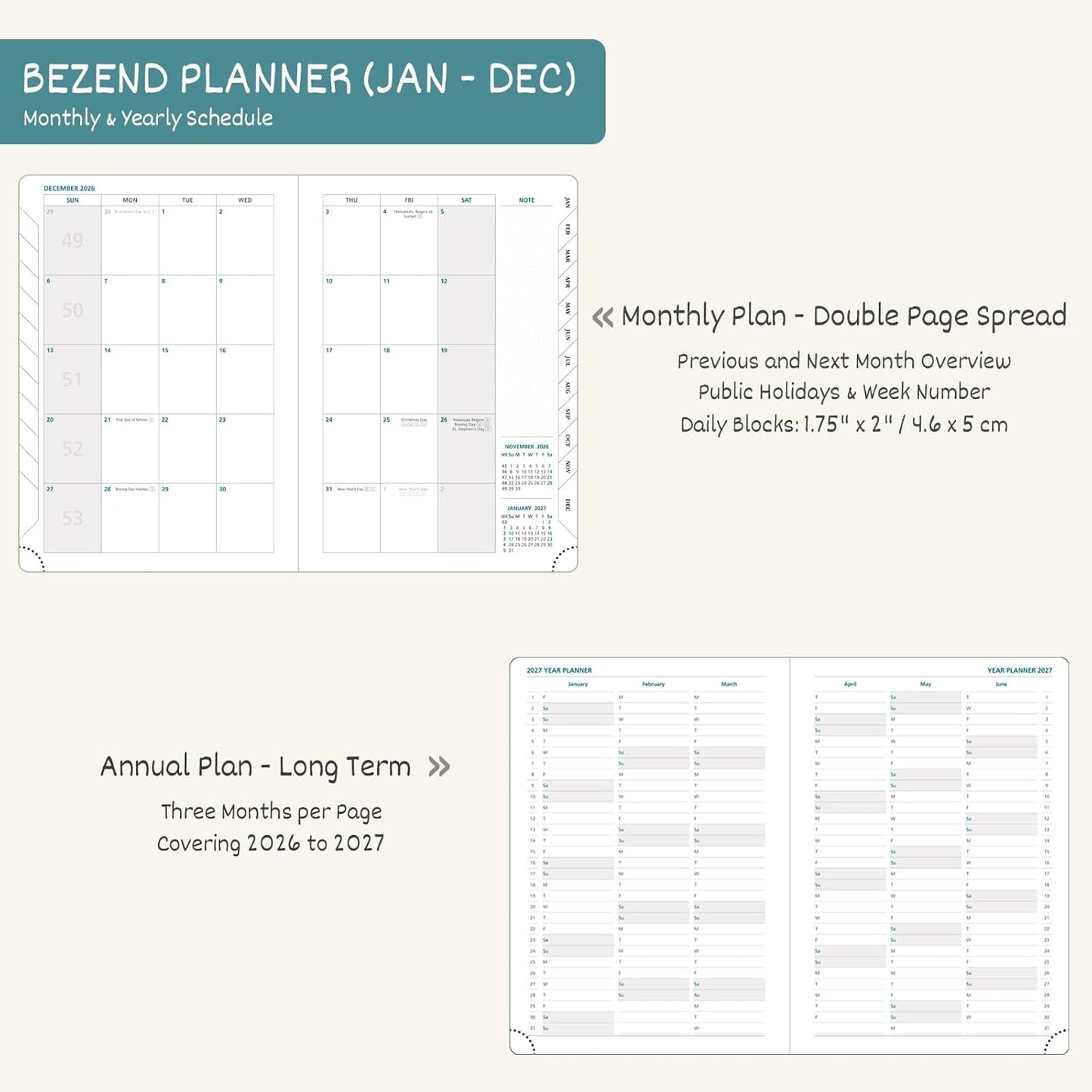 BEZEND 2026 Planner Weekly and Monthly (8.5" x 11") Daily Calendar with Half-Hourly Timeslots & Tab (Jan-Dec) Note & Expenses, Pen Holder, Inner Pocket, Vegan Leather Hardcover - Cornflower