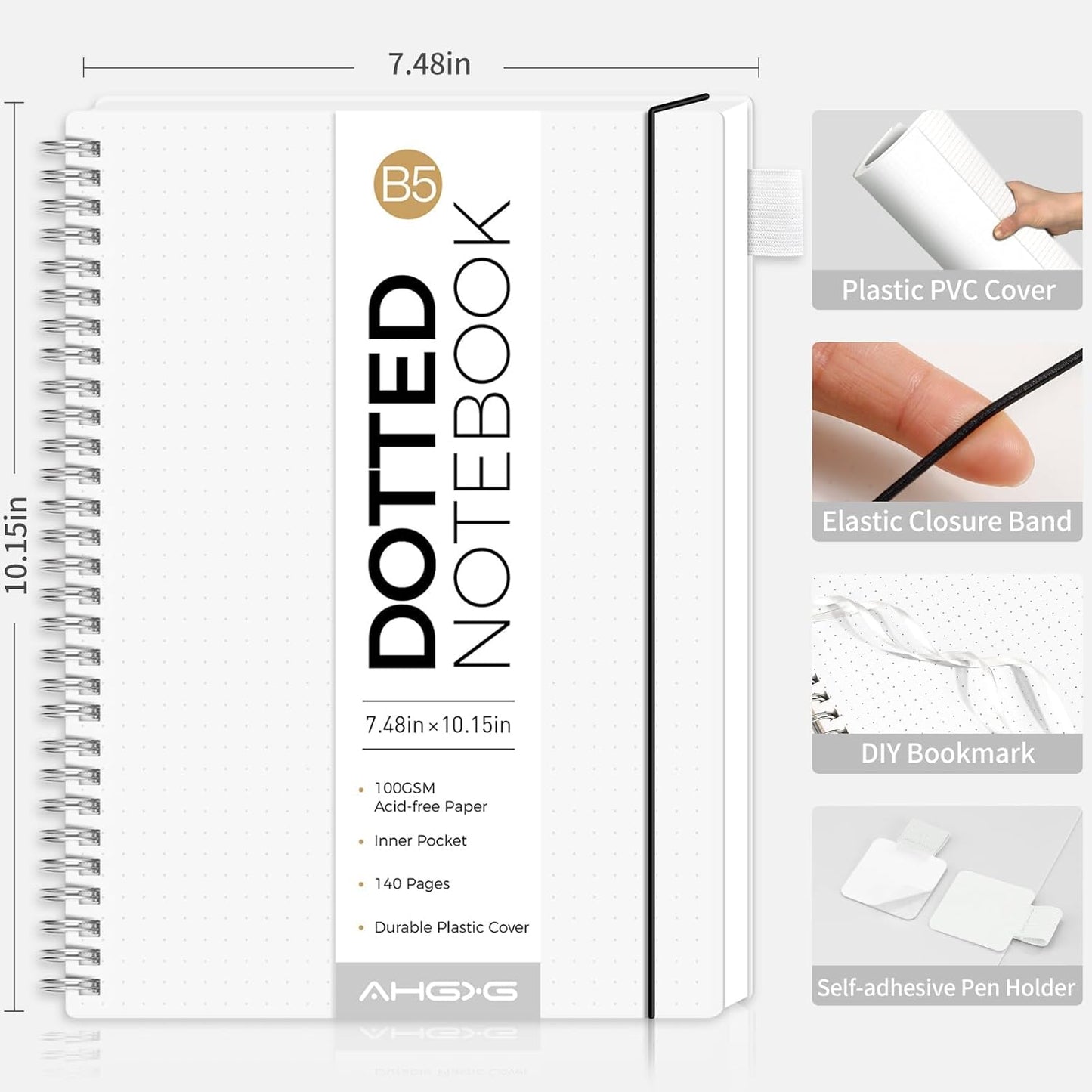 AHGXG Bullet Dotted Journal - Dot Grid Spiral Notebook B5, 140 Pages, 100 GSM Thick Paper, Waterproof Plastic Cover Journals for Bullet Journaling, Sketching, 7.6" x 10", Transparent