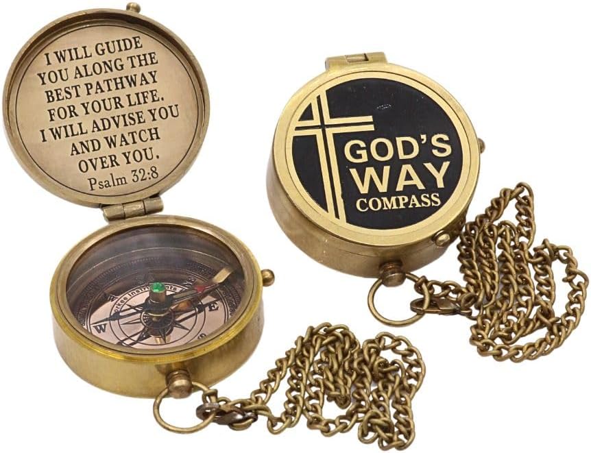 God's Way Solid Brass Engraved Compass - Psalm 32:8, Directional, Baptism & First Communion Gifts for Boys & Girls, Christian Gifts for Men & Boys