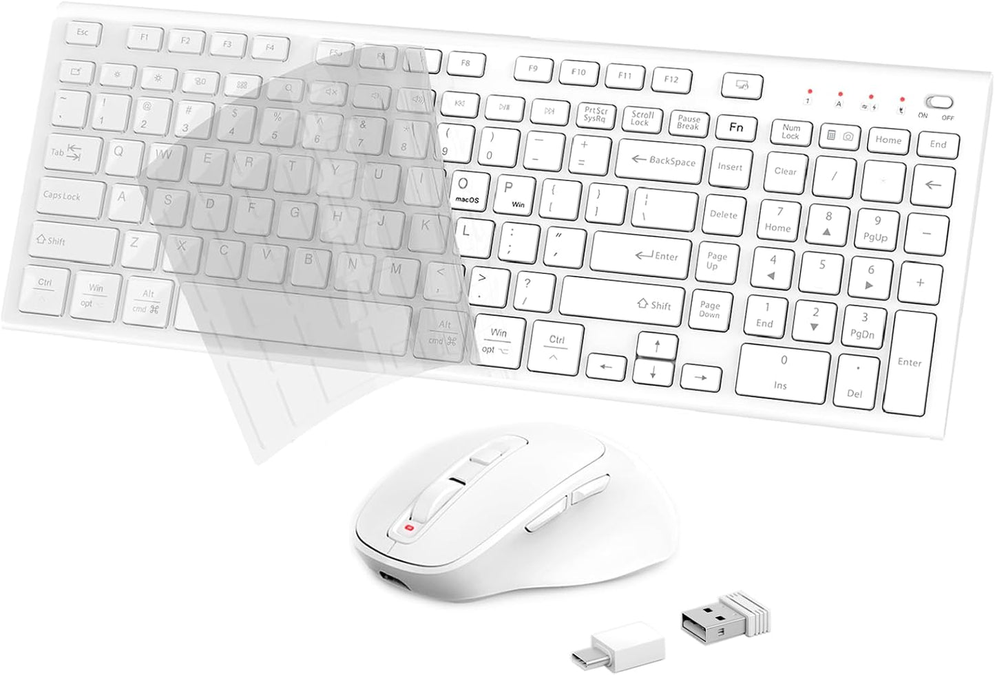 FENIFOX Wireless Keyboard Mouse Combo, Ergonomic Rechargeable Silent Quiet Slim Compact Full-Size USB C with Number Pad Flat Soft Cover for PC Computer Laptop Mac MacBook iMac TV Windows OS - White