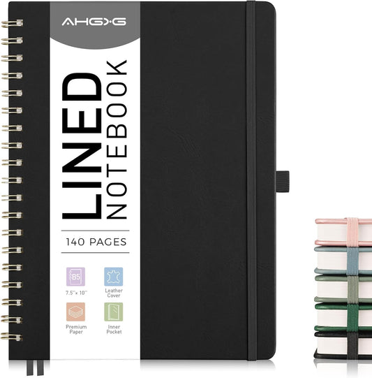 AHGXG Lined Spiral Journal Notebook, B5 Large Notebooks for Women Men, 140 Pages Hardcover Leather Notebook College Ruled, 100 GSM Paper, Notebooks for Work School Note Taking, 7.6" x 10", Black