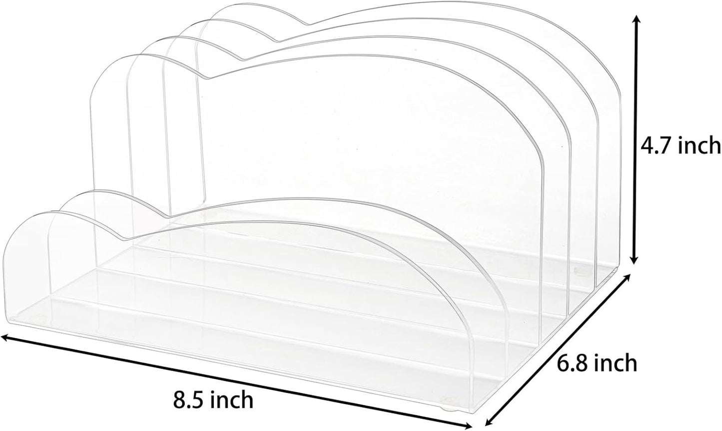 Suwimut Acrylic File Holder 5 Sections, 8.5 x 6.8 x 4.7 Inch Upright File Organizer for Desk, Clear Desktop Folder Holder Mail Letter Sorter for Home Office School Envelope Bill Filling Paper Document