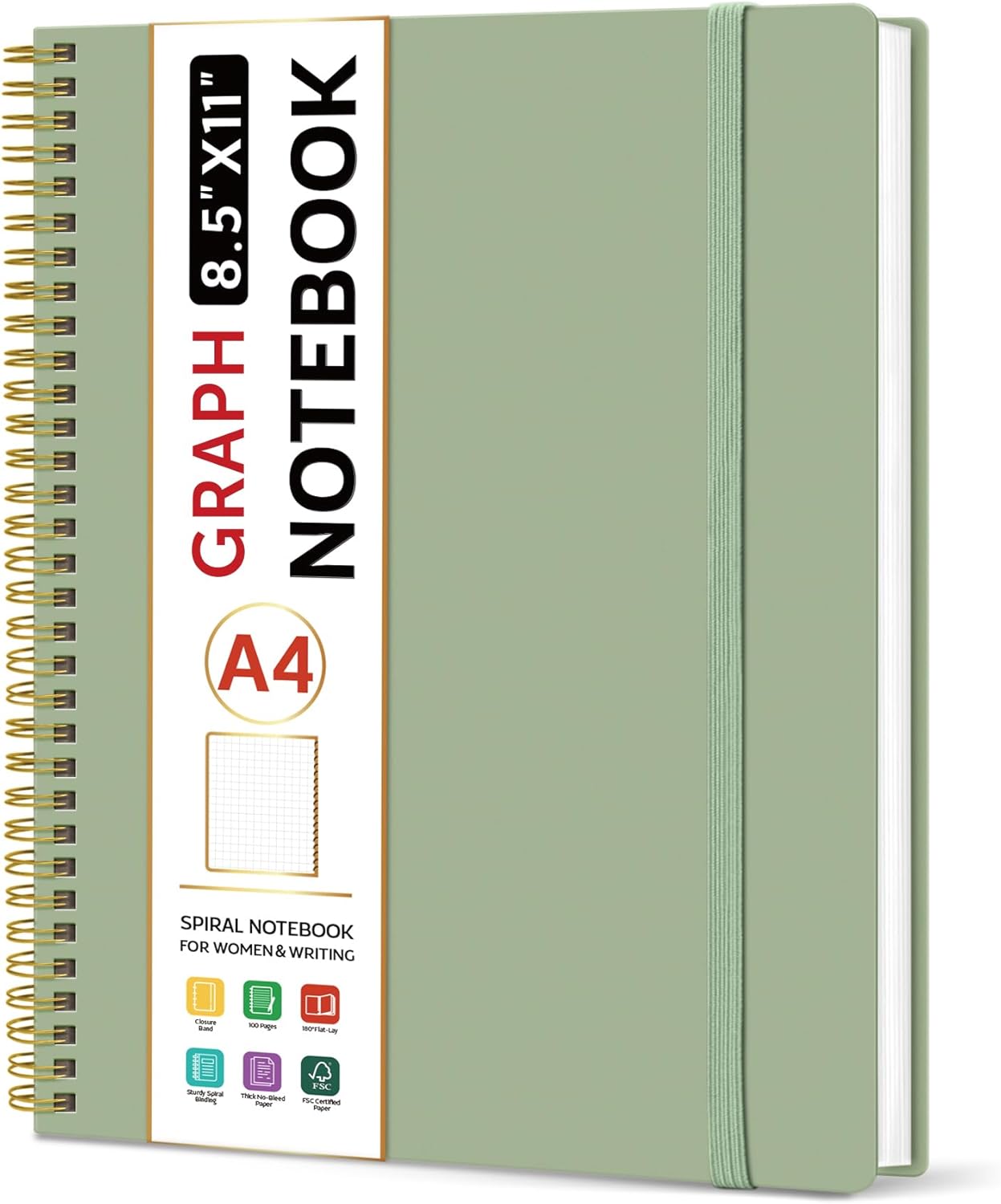 Taja Spiral Graph Notebook, 8.5"x11" Notebooks for Work, Large A4 Journal for Women & Men, Grid Notebook, Journaling Notebook for Writing, Plastic Cover Spiral Journal, Green