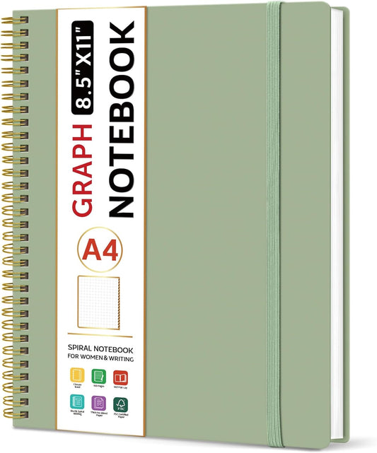 Taja Spiral Graph Notebook, 8.5"x11" Notebooks for Work, Large A4 Journal for Women & Men, Grid Notebook, Journaling Notebook for Writing, Plastic Cover Spiral Journal, Green