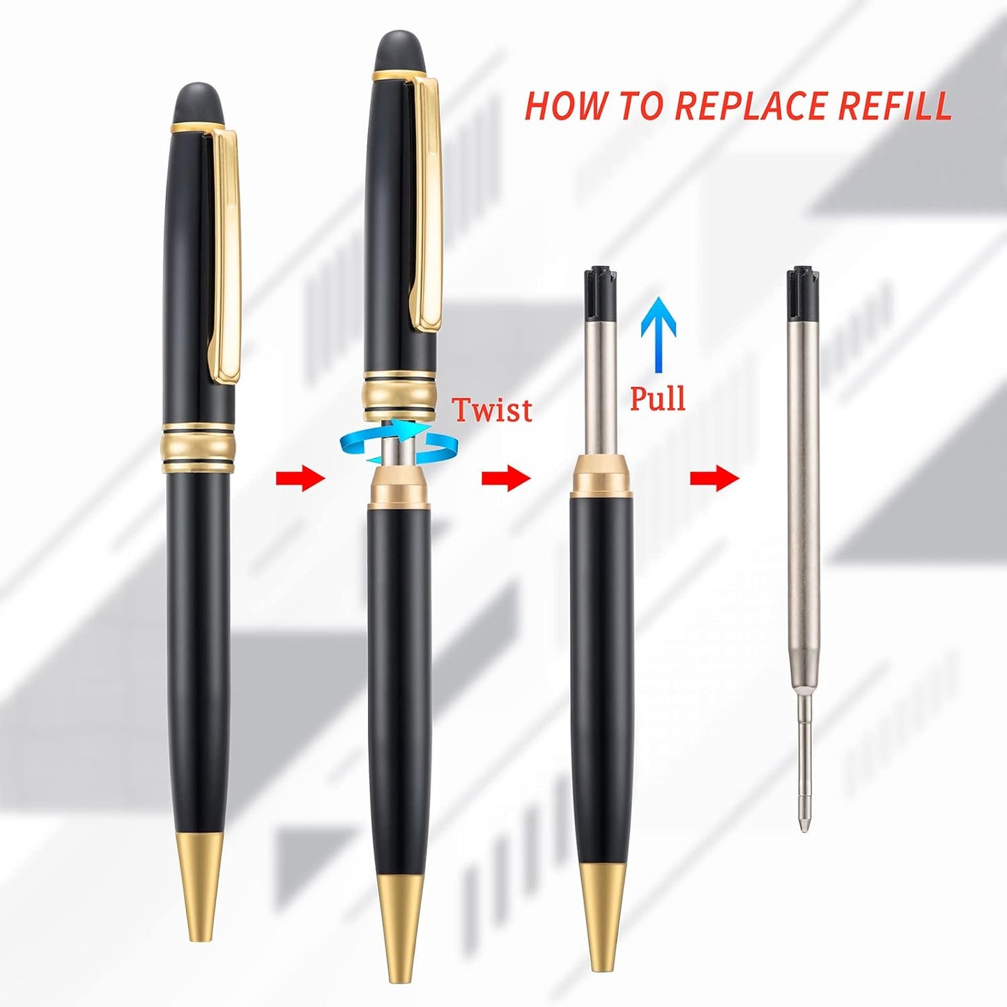 5 PCS Black Ballpoint Pens with Extra Refills Set, 1mm Medium Point Black Ink, Great Smooth Writing Metal Pen for Business Office Teacher Student Wedding Guest Gift (Gold Trim)