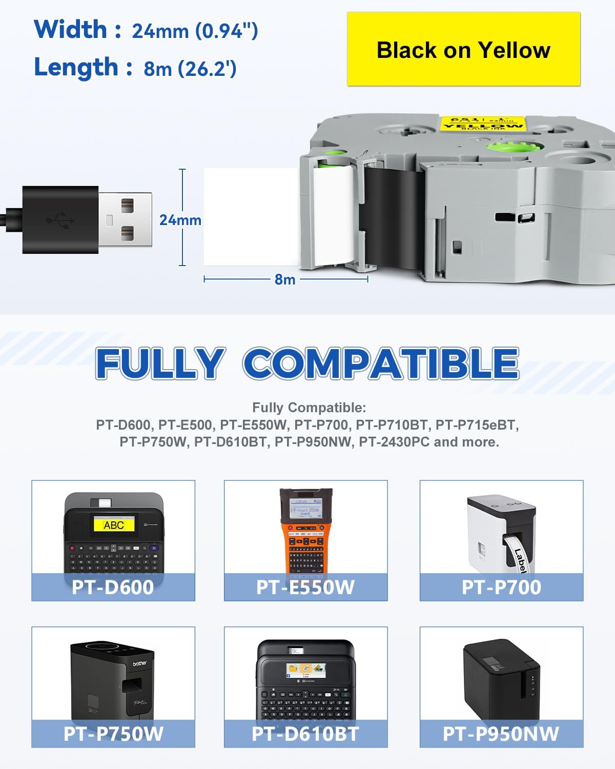 Tze651 24mm 0.94" Laminated Yellow Tape Compatible for Brother Tze-651 Tz-651 P Touch Tz Tze 24mm 1" Black on Yellow Label Maker Tape for PTD600 PTD610BT PTP710BT PTP750W PTE550W, 4-Pack