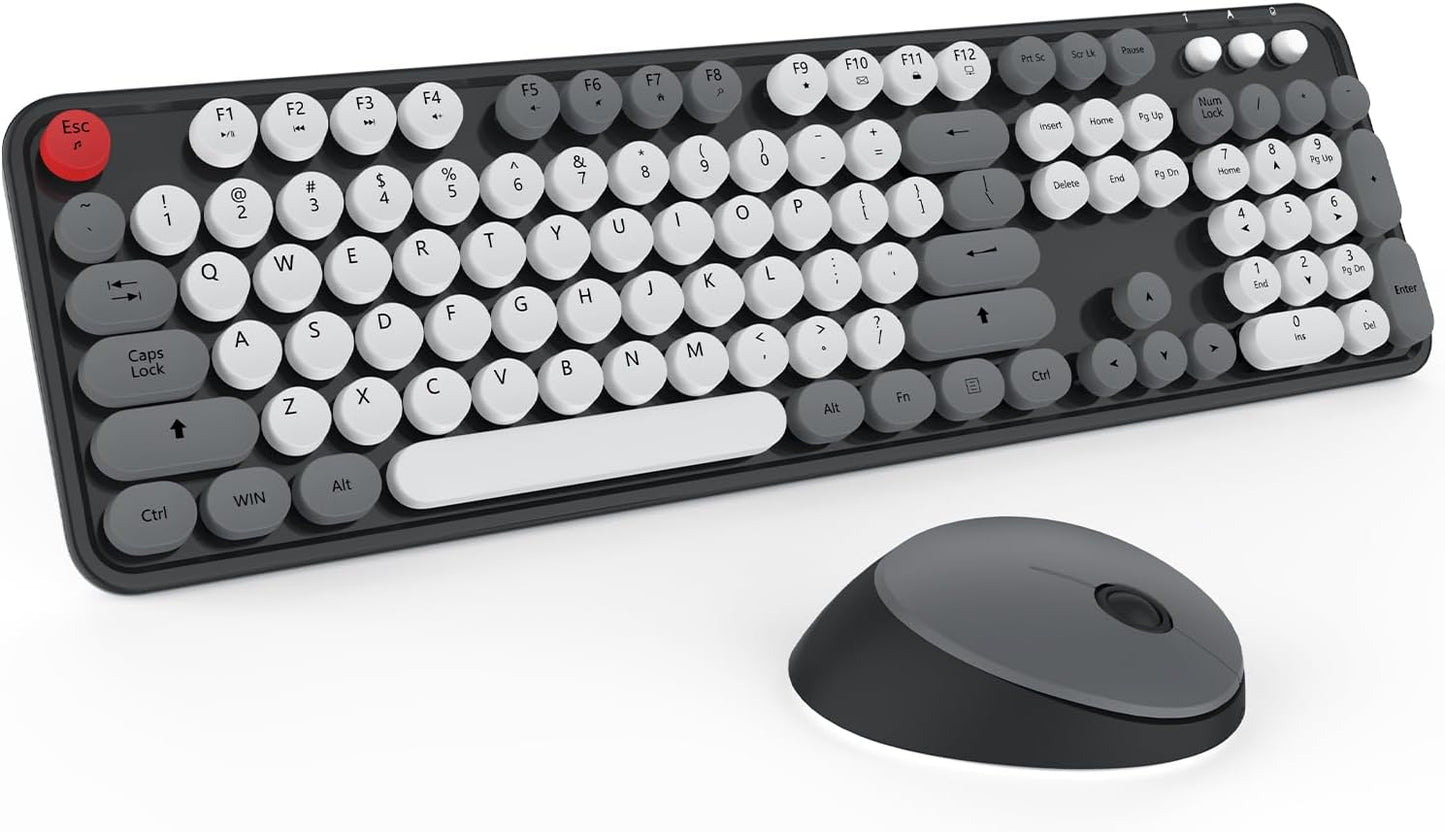 Wireless Keyboard and Mouse, KOOTOP Cute Keyboard and Mouse, 2.4G Wireless Keyboard with Retro Round Keycap for PC, Mac, Laptop,Tablet,Computer Windows (Grey)