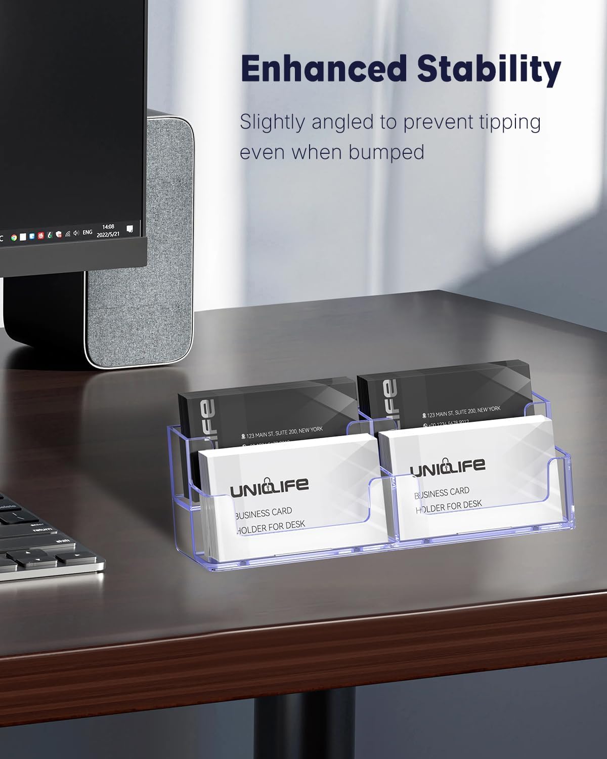 Uniclife 2 Pack Acrylic Business Card Holder for Desk 2 Tiers 4 Slots Clear Business Card Display Stand for Men & Women Desktop Business Card Organizer Card Stand for Office Home, 240 Card Capacity