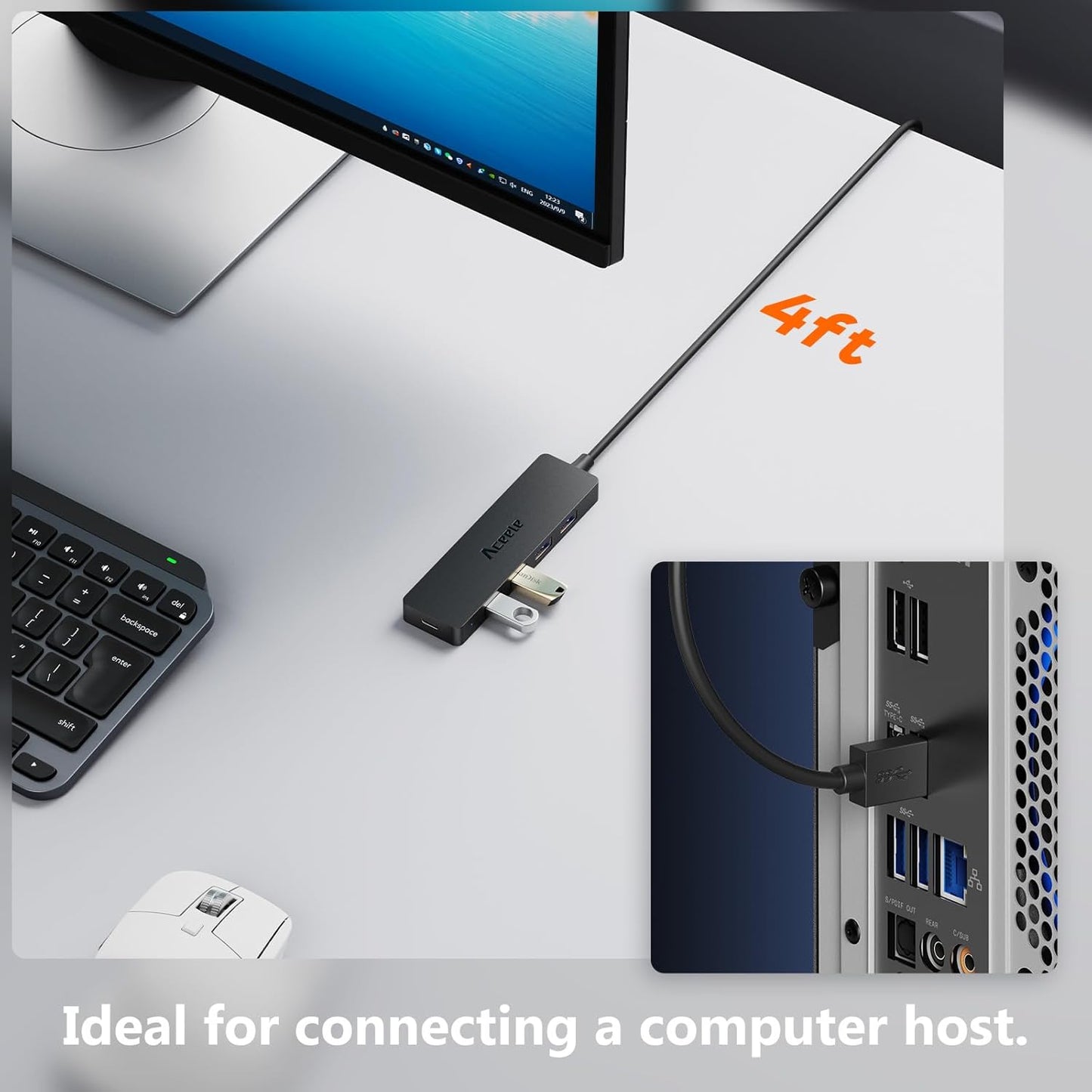 Aceele USB Hub 3.0 Splitter with 4ft Extension Long Cable Cord, 4-Port Ultra-Slim Multiport Expander with Type-C Power Port, USB Extender for Desktop, Computer, PC, Laptop, iMac, PS4 and More