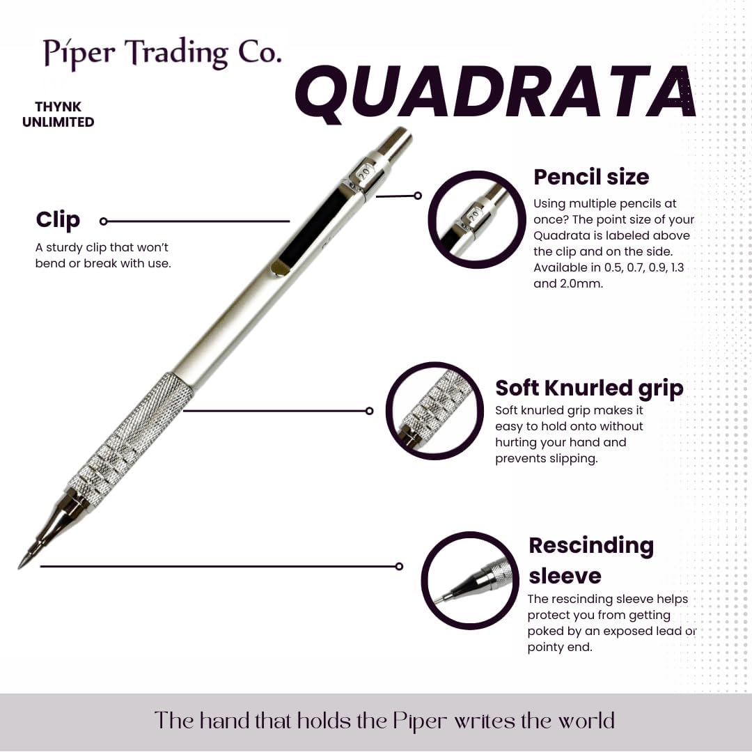 PIPER Quadrata Metal Mechanical Pencil 0.7mm with Erasers and HB #2 Lead Refills for Art, Sketching, Writing, Drafting (Dusty Dark Purple)