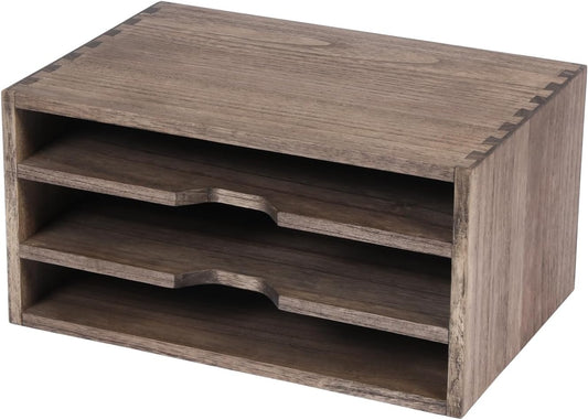 3-Tier Paper Storage Letter Tray File Sorter - Wood Desktop Document Organizer Holders with Mail Sorter, School & Home Magazine File Dividers for Office Accessories Dark(SJ3K-DK)