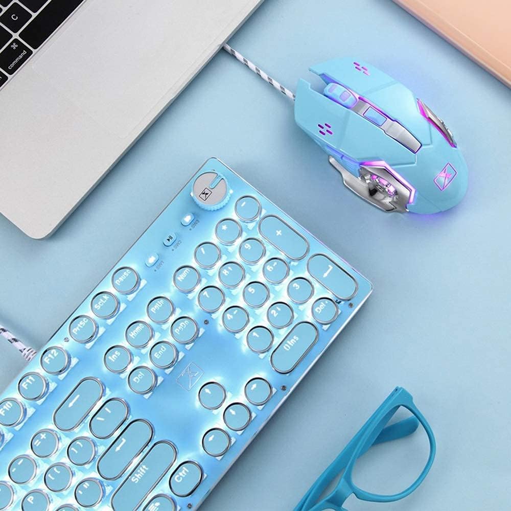 Basaltech Mechanical Gaming Keyboard and Mouse Combo, Retro Steampunk Vintage Typewriter-Style Keyboard with LED Backlit, 104-Key Anti-Ghosting Blue Switch Wired USB Metal Panel Round Keycaps, Blue