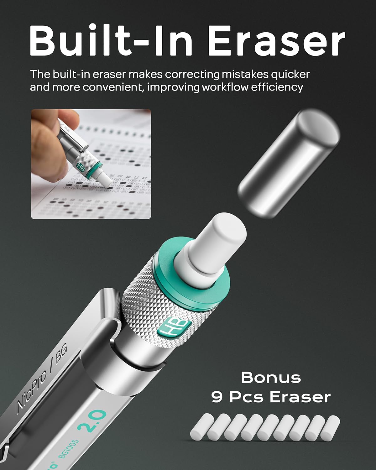 Nicpro Blocky Gear 2mm Metal Mechanical Pencils Set with Case, Drafting Pencil with 6 Tubes 2mm Lead Refill (HB 2B 2H 4B 4H & Colors) Sharpeners, Erasers for Artist Art Writing Drafting Drawing