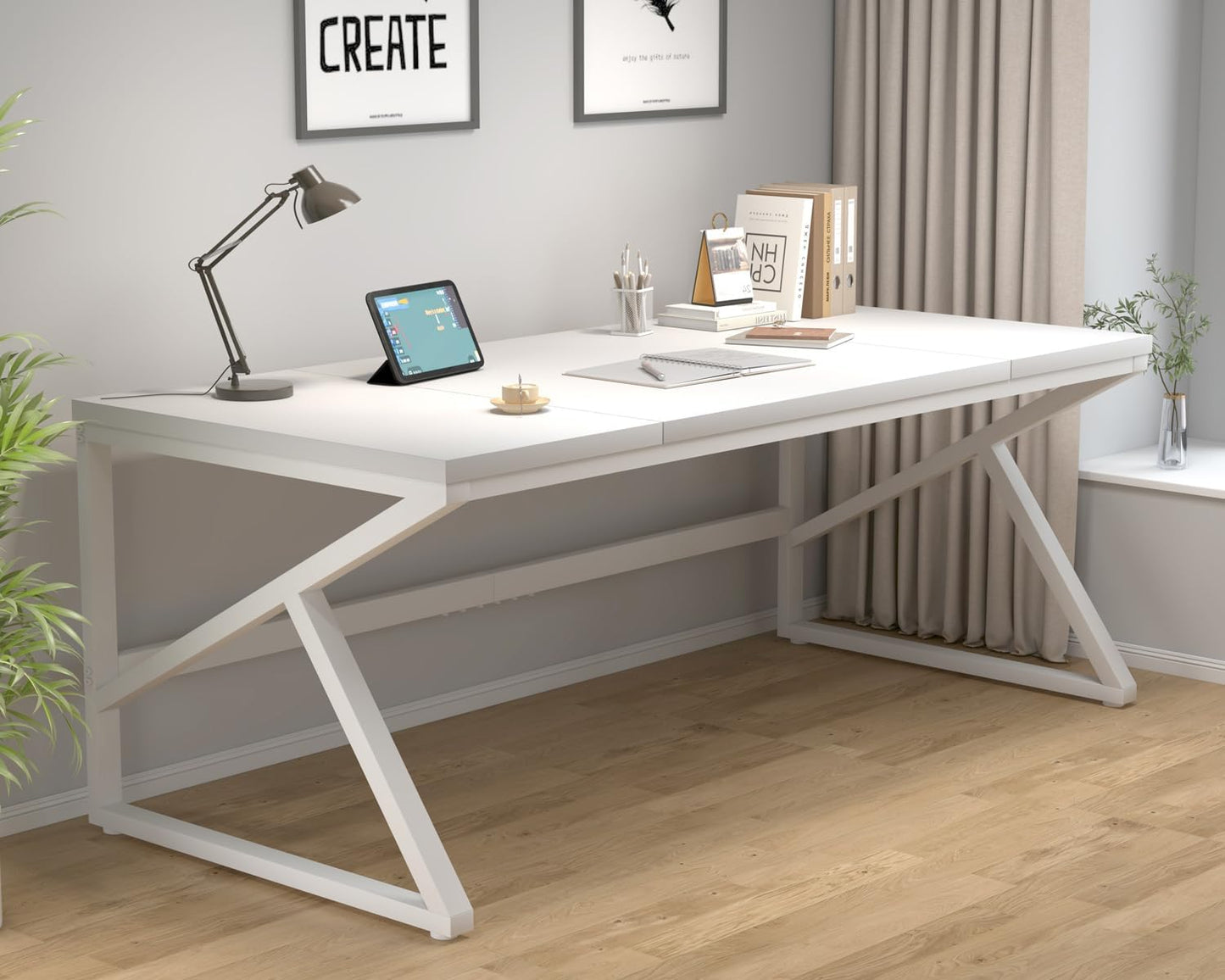 HSH 70 Inch Long White Computer Desk, Modern Large Executive Work Writing Study Gaming Desk for Home Office, Industrial Metal Wooden Two Person Desk Dual Monitor Workstation in Bedroom Living Room