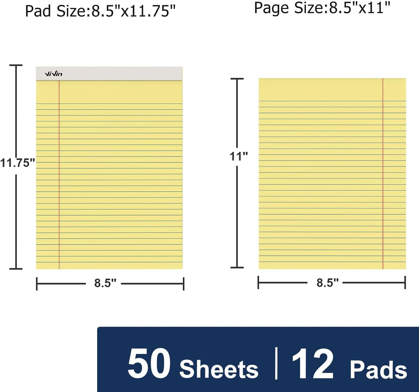 ViVin Legal Pads 8.5 x 11 Inch, Wide Ruled Note Pads, 12 Pack, 50 Sheet/Pad, Perforated Writing Pads, Notepads for Office Home School, 600 Sheets, Canary Yellow Paper