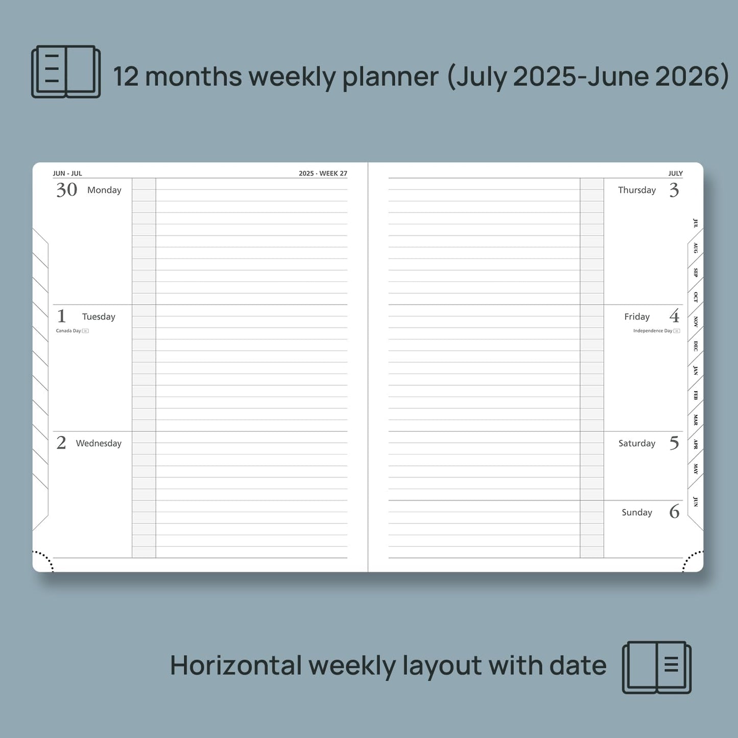 POPRUN Planner 2025-2026 (Large 8.5''x 10.5''), Horizontal Weekly Notebook Jul.2025 - Jun.2026, Academic Appointment Book with Monthly Tabs, Leather Hardcover, Inner Pocket, 100 GSM - Pacific Green