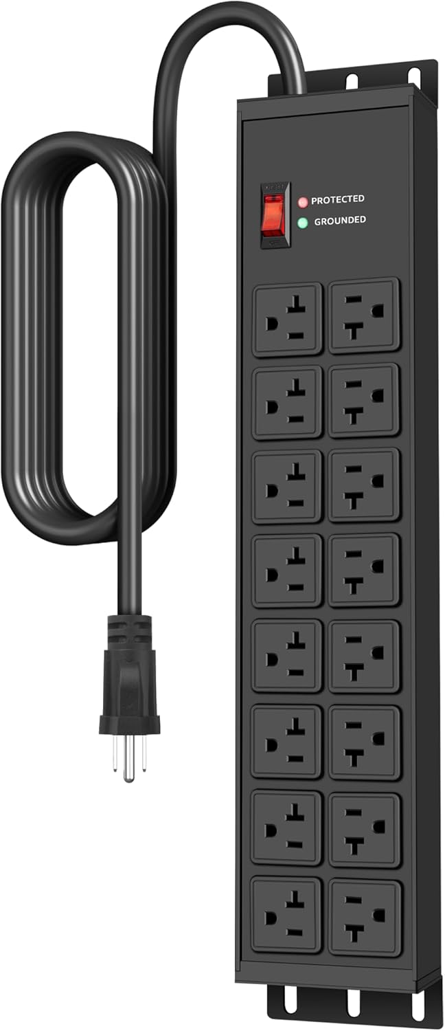 JUNNUJ Heavy Duty 20 Amp Power Strip 4800J, 16 Outlets 12 Gauge Garage Industrial Surge Protector, High Amp 5-15P Adapter Shop 6-20R T-Slot Metal Outlet, 15 FT Extension Cord Commercial for Appliance