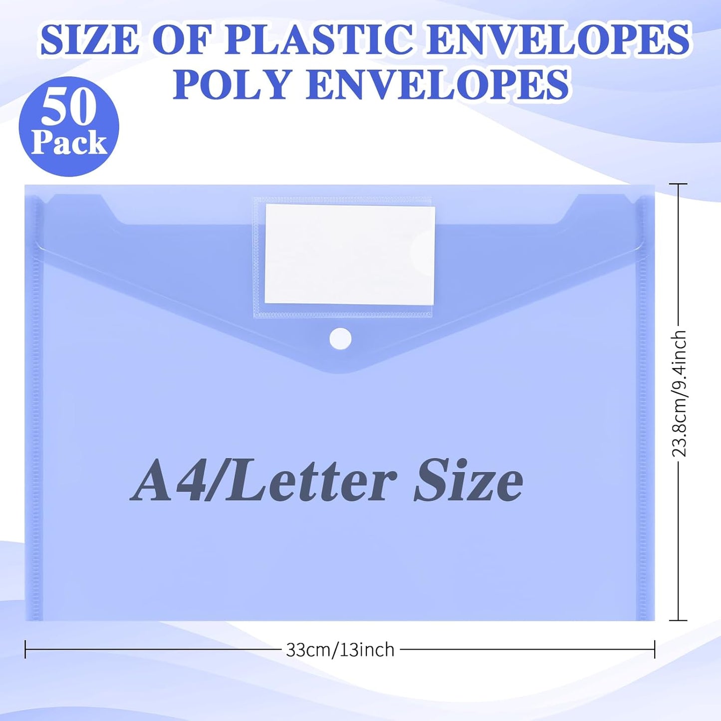 Yeaqee 50 Pcs Plastic Envelopes Poly Envelopes File Folders with Snap Button Closure Clear Folders for Documents US Letter A4 Size Filing Holder with Label Pocket for Home Office School(Blue)