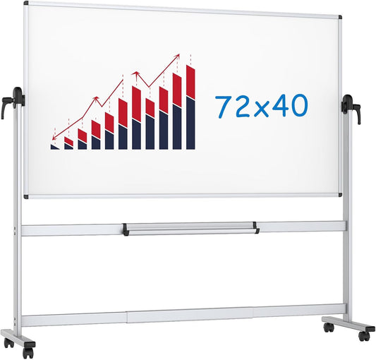 VIZ-PRO Double-Sided Magnetic Mobile Whiteboard, 72 x 40 Inches, Rolling Dry Erase Board Easel Stand on Wheels with Aluminium Frame for School Office Home