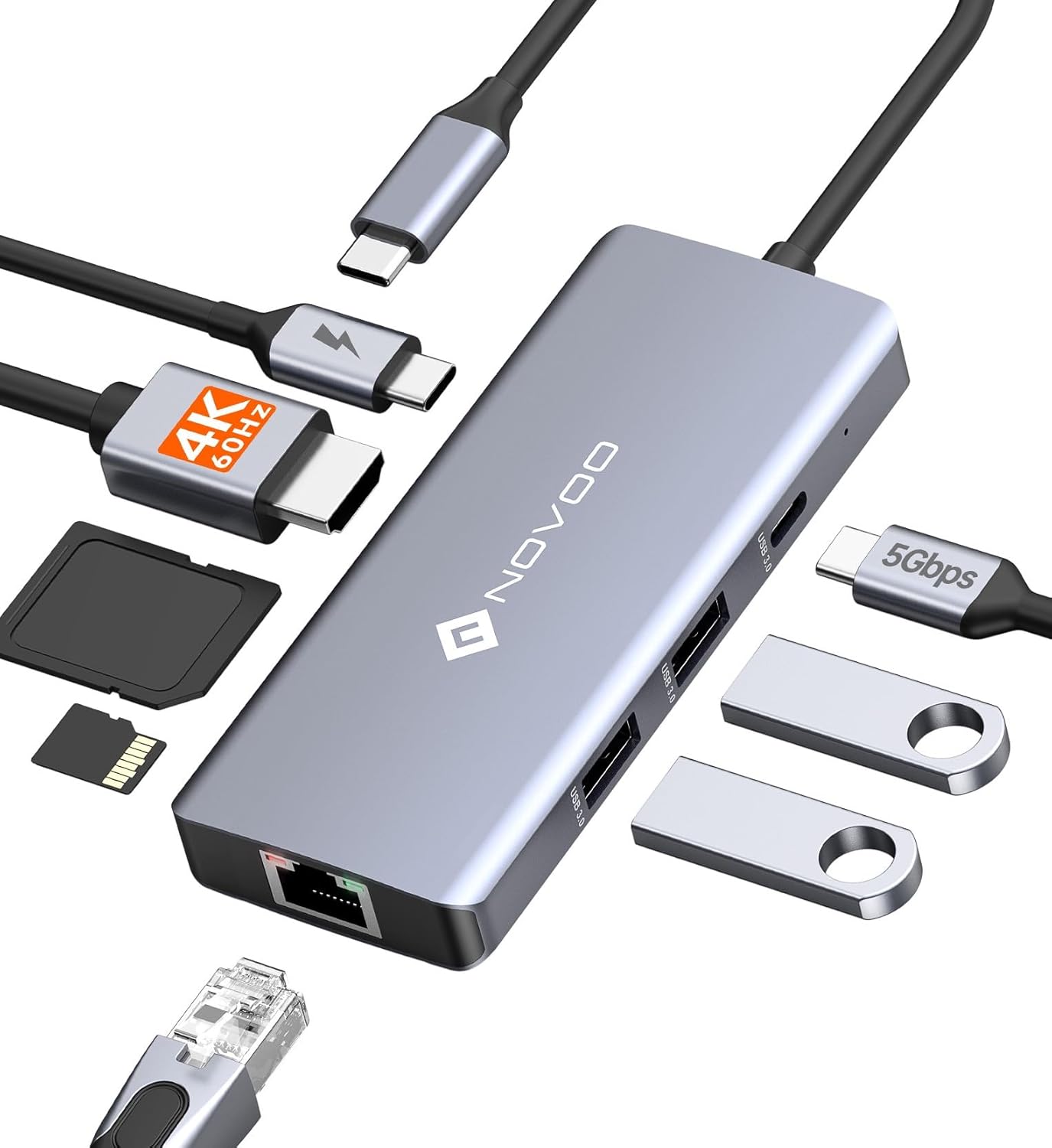 NOVOO USB C Hub 4K@60Hz HDMI Gigabit Ethernet 8-in-1 USB C Adapter Multiport with HDMI,PD 100W,2 USB-A, 1 USB-C Dataport,SD&TF Docking Station for iPhone 15,MacBook Air/Pro M2, Dell, XPS 15,HP, Lenovo