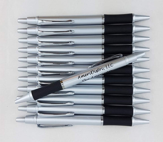 ezpencils - Personalized - Elegant Tip and Click Silver Accents on Silver Solid Color Body and Black Grip - Bullet Ballpoint Pens - 12 pkg - ** FREE PERZONALIZATION **