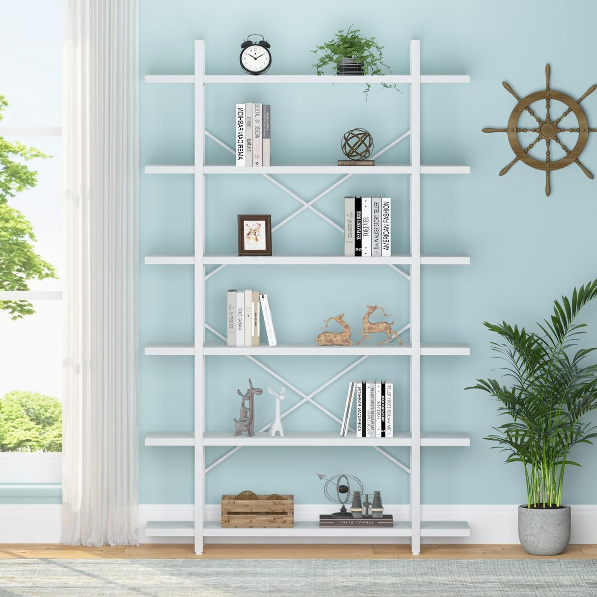 HSH 6 Tier Tall White Bookshelf, Industrial Modern Vertical Metal and Wood White Bookcases 6 Shelf,Farmhouse Open Large Storage Book Shelves & Display Book Shelf for Bedroom Living Room Office