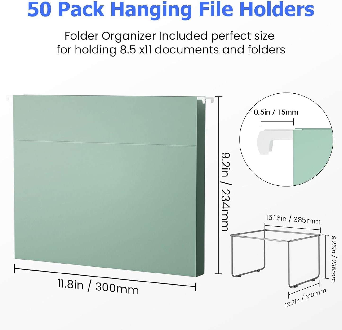 Hanging File Folders Letter Size, 50 Pack File Organizer Folders, 1/5-Cut Tabs with Hanging File Folder Frame, Heavy Duty No Extension, Stay Organized for Your Home and Office Bulk File.