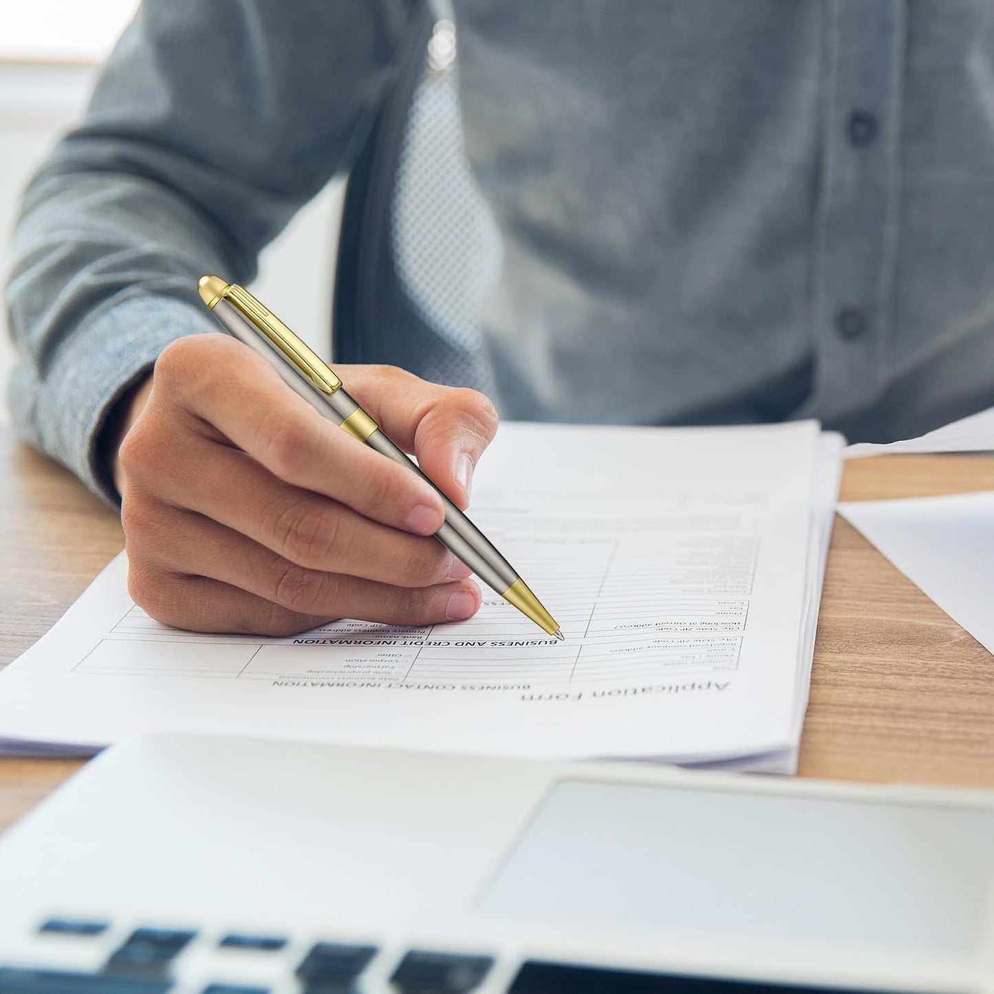 5 PCS Silver Ballpoint Pens with Extra Refills Set, 1mm Medium Point Black Ink, Great Smooth Writing Metal Pen for Business Office Teacher Student Wedding Guest Gift (Gold Trim)