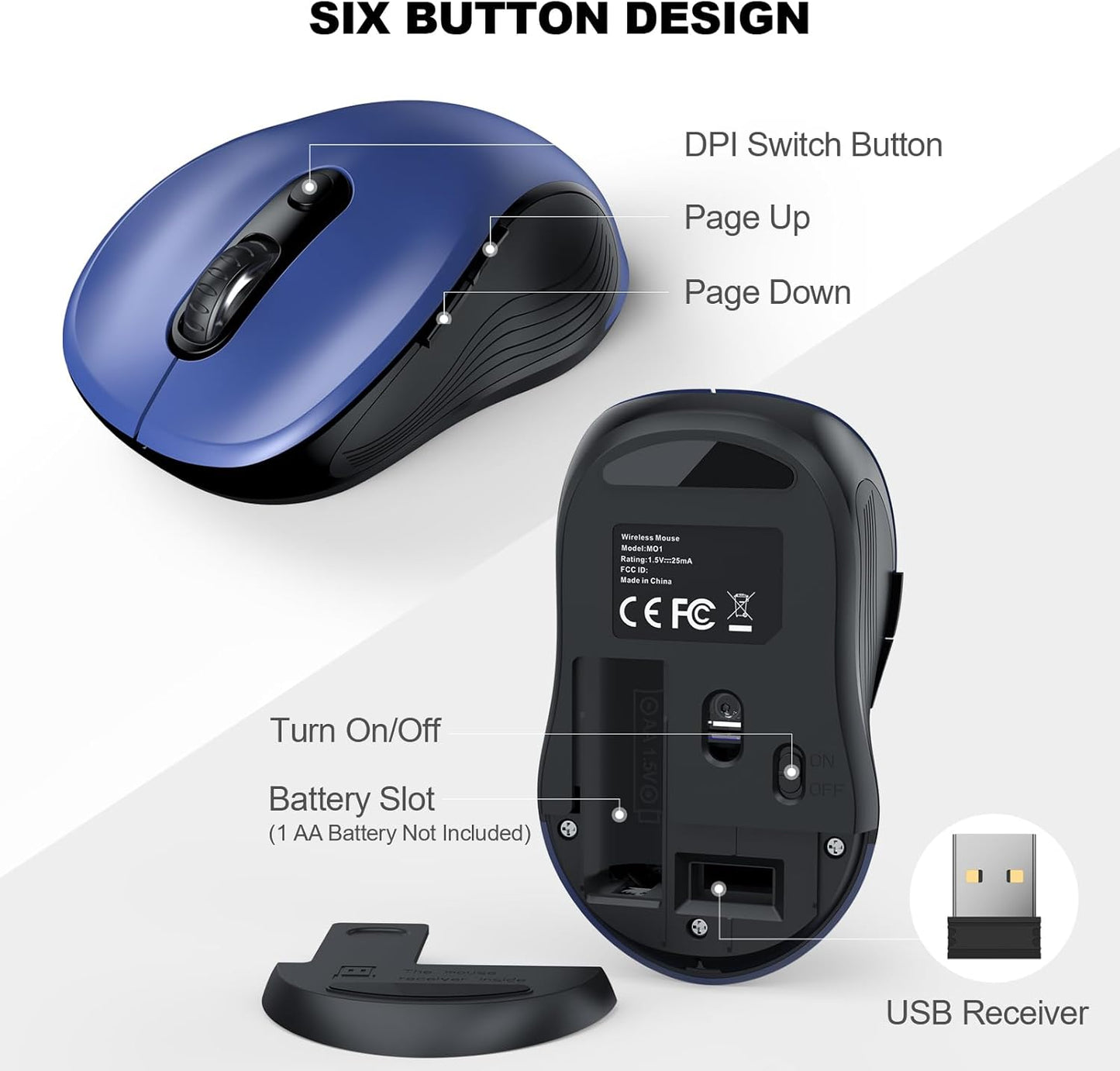 WisFox 2.4G Wireless Mouse for Laptop, Ergonomic Computer Mouse with USB Receiver and Type-C Adapter, 3 Adjustable Levels, 6 Button Cordless Wireless Mice for Windows Mac PC Notebook (Blue)