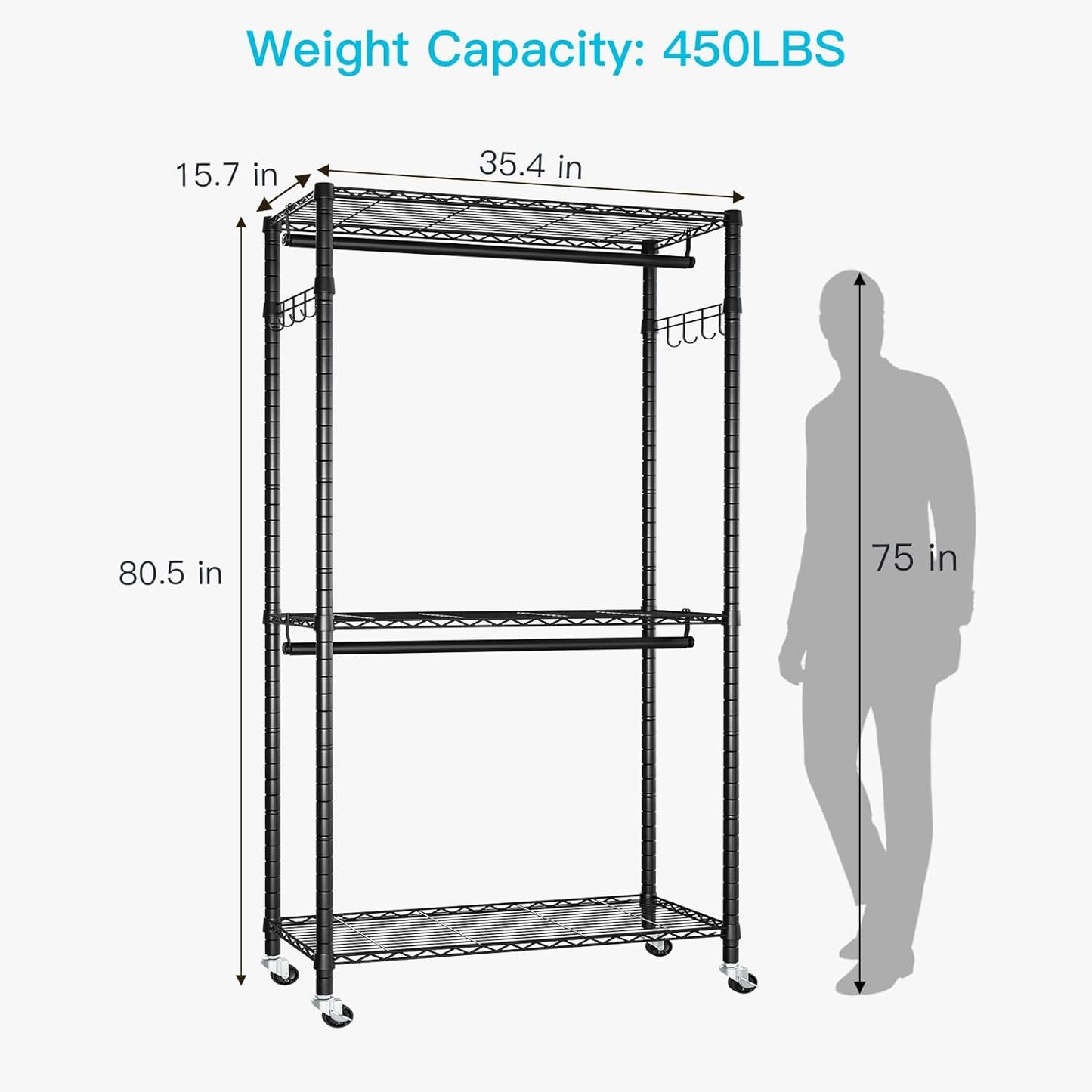 P1 Heavy Duty Garment Rack, 3 Tiers Adjustable Rolling Metal Closet Organizer with Lockable Wheels, FreeStanding Wardrobe with Double Hanger Rods & 1 Pair Hooks, Max Load 450 LBS, Black