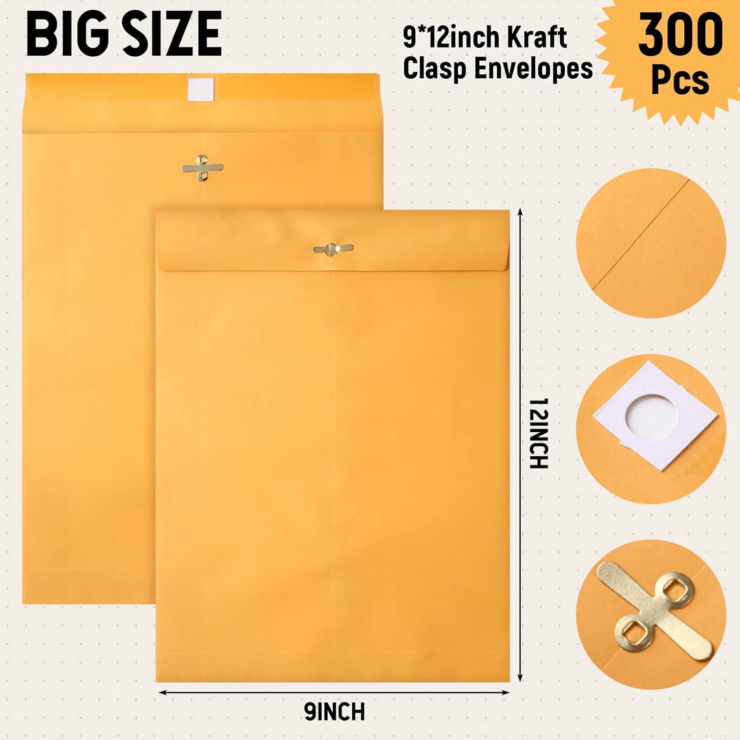 Ctosree 300 Pcs Manilla Envelopes Clasp Envelopes Bulk Brown Kraft Catalog Letter with Clasp Closure and Gummed Seal 28lb Heavyweight Paper (9 x 12 Inch)