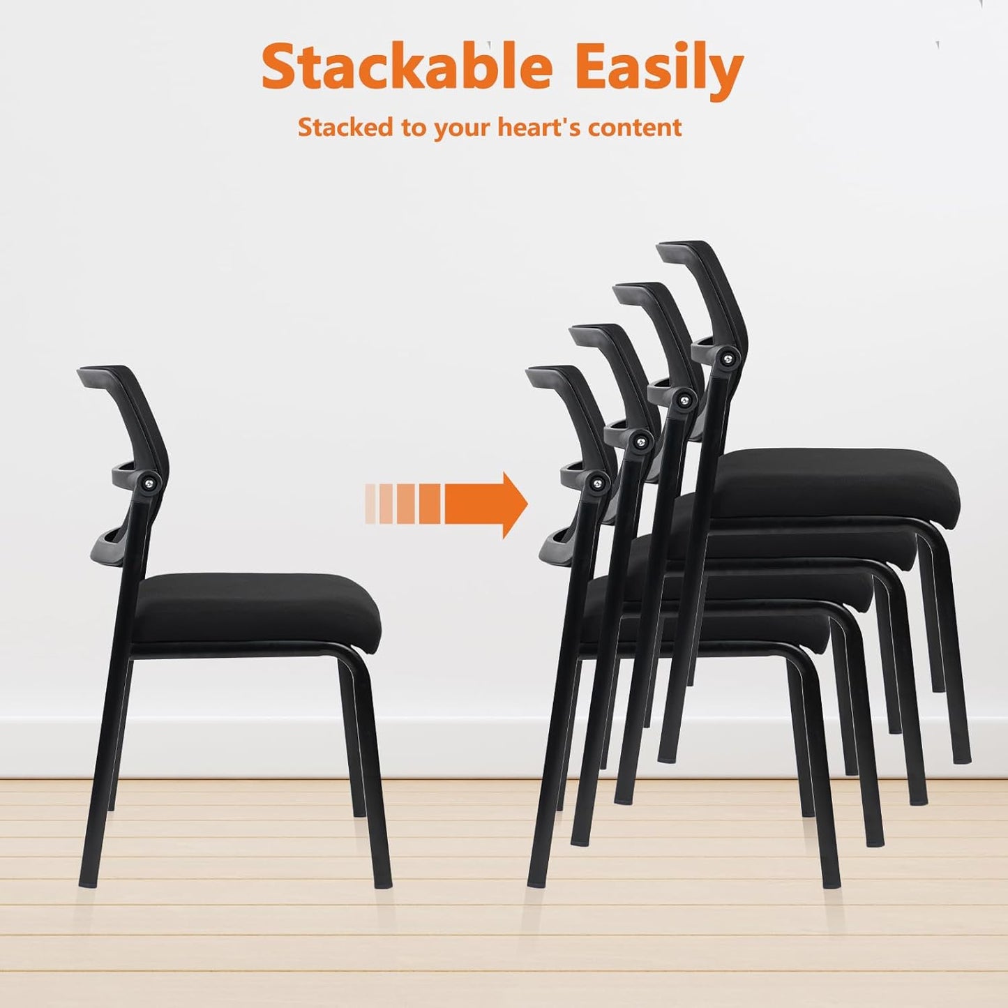 CLATINA Stacking Armless Office Waiting Room Chair with Adjustable Backrest, Stackable Mesh Guest Reception Desk Chairs with Ergonomic Lumbar Support for Conference Lobby Side School, Black, 2 Pack