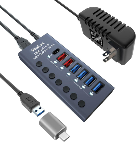 MaxLax Aluminum 7 Ports USB 3.0 hub with Charging Function, 36W (12V/3A) Power Adapter,Individual Power swiches