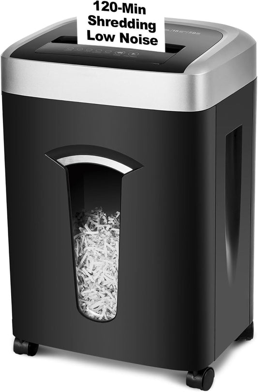 120-Minute Paper Shredder - 15-Sheet Capacity, 30L（7.9 Gallon） Bin, 58dB Quiet Operation, P4 Cross-Cut Heavy-Duty Shredder for Home & Office Use