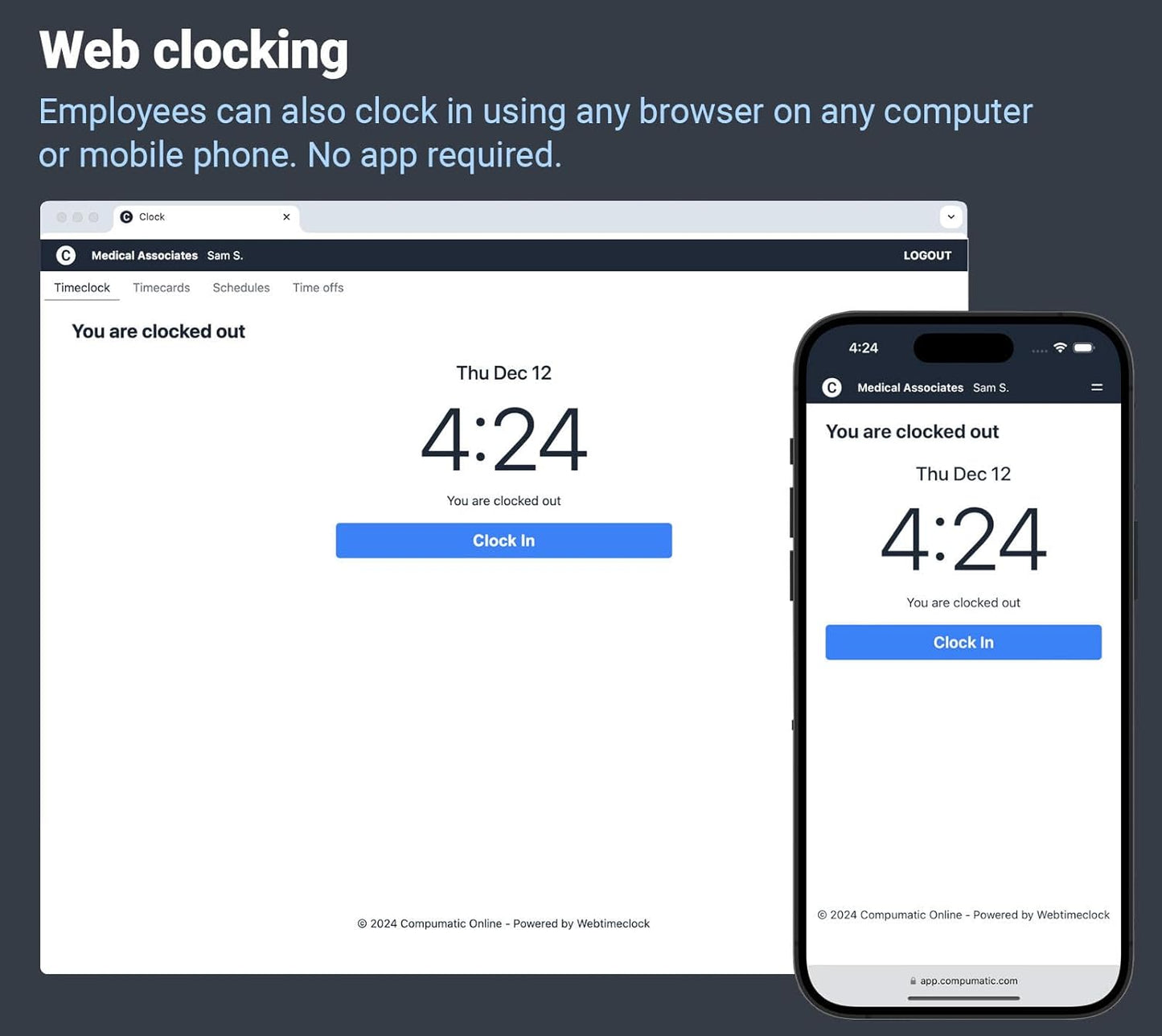 COMPUMATIC Biometric Fingerprint Time Clock with Online Cloud Hosted Software, Automatic Real-Time Punch Upload with WiFi or Wired Ethernet Connection