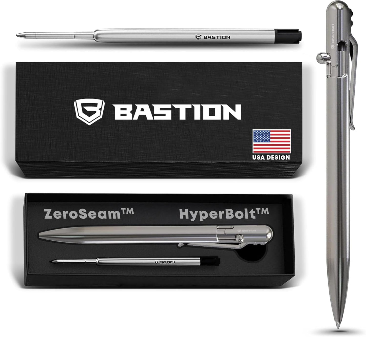BASTION® Luxury Slim Bolt Action Pen, Durable EDC Pen with Fine Tip, Professional Ballpoint Pen for School and Work - Stainless