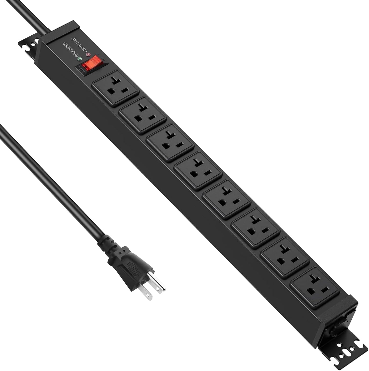 JUNNUJ 20 Amp Power Strip Surge Protector 4800J, Heavy Duty 8 Outlet Metal Multi Angle Mount, 20A Garage Power Strip Shop 6-20R T-Slot, 5-15P Plug 12 Gauge Extension Cord 10ft for Appliance