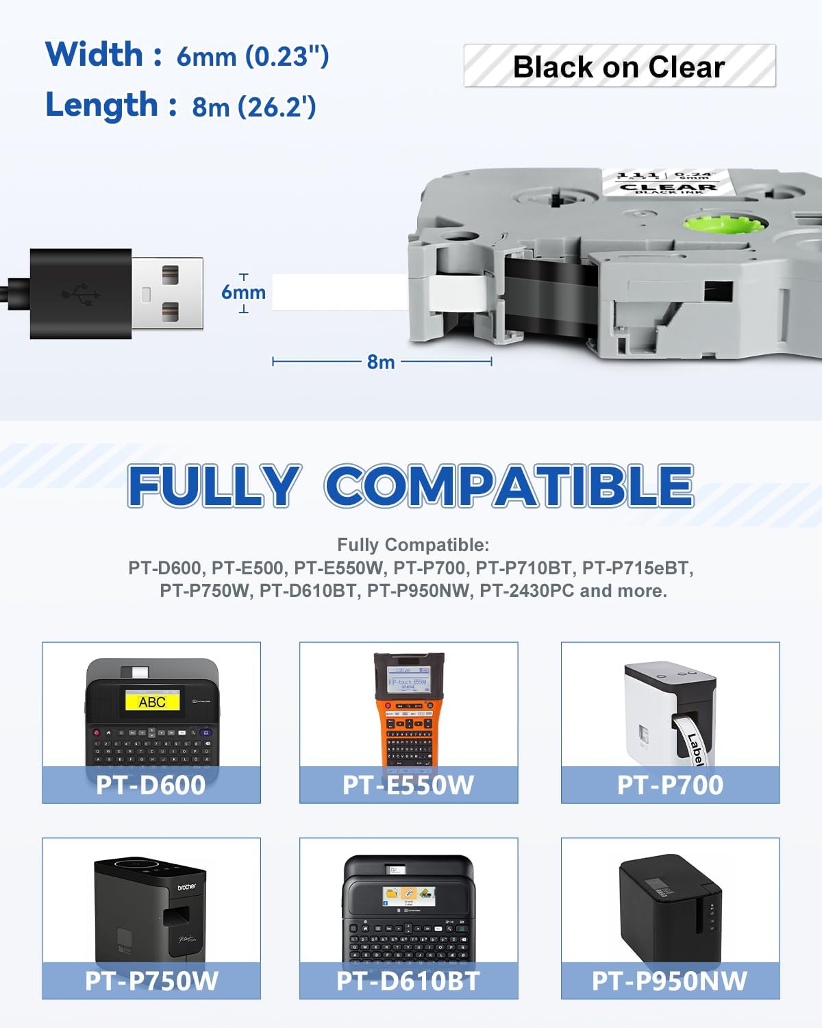 Tze111 6mm 0.23" Laminated Clear Tape Compatible for Brother 6mm Label Tape Tze-111 Tz-111 P Touch Tz Tze 6mm 1/4" Black on Clear Label for PTH110 PTD210 PT-D220 PTD400 PT-D610BT, 4-Pack