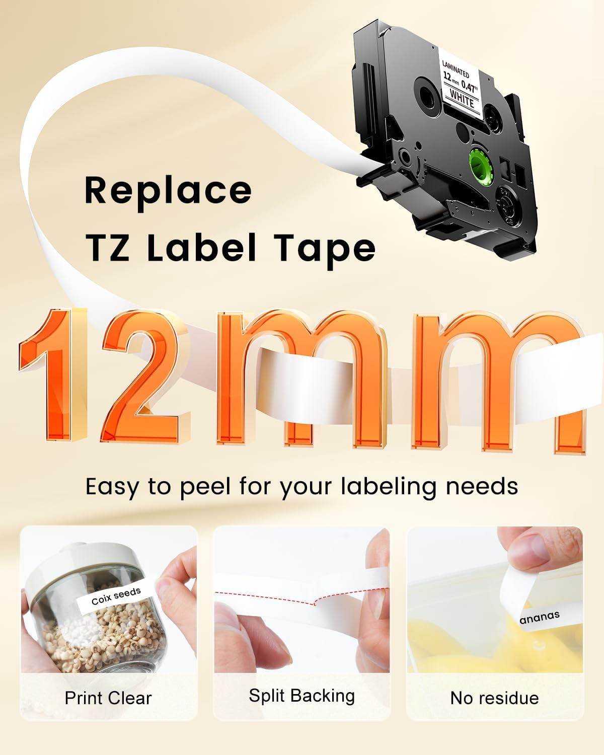 Colorty Replace for Brother P Touch Label Maker Tape 12mm 0.47 Laminated Black on White TZe-231 AZe-231 for PT-1180 2040 1090 1750 1290 1880 1170 Ptouch Tape Refills 12mm x 8m, 12-Pack