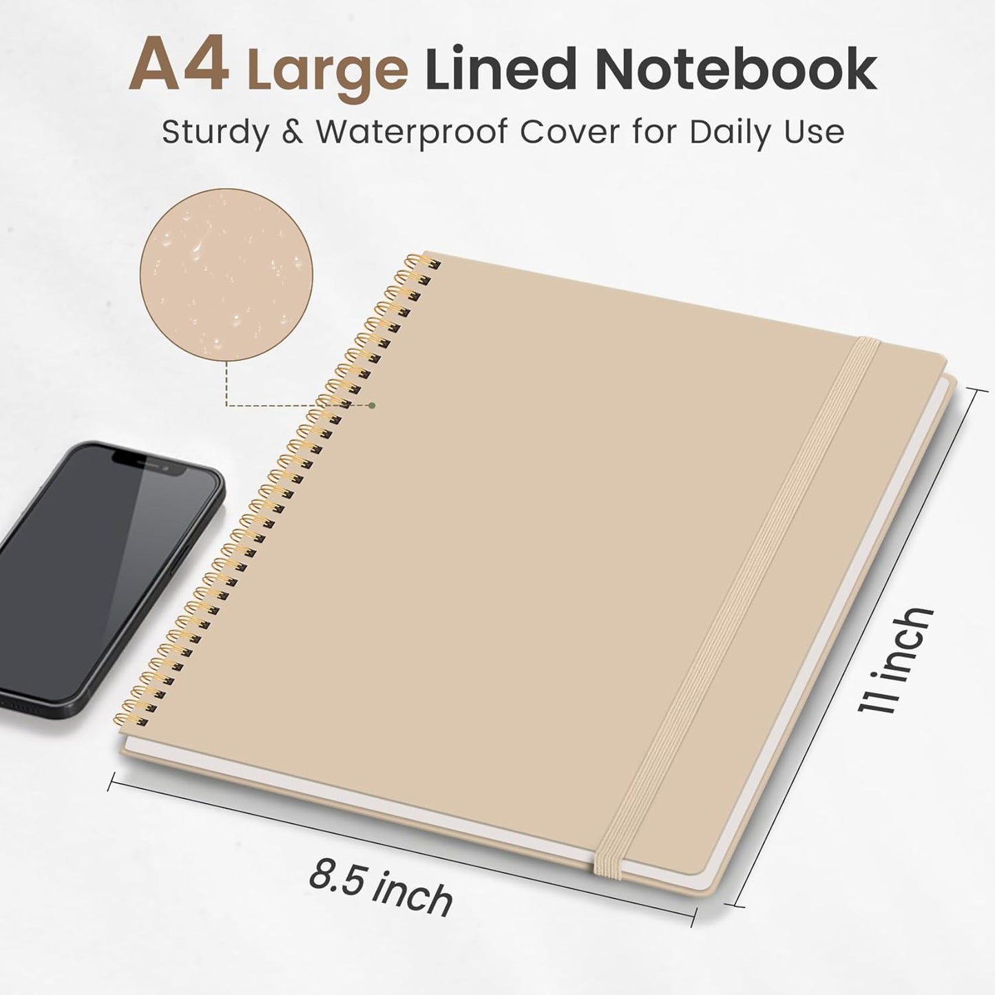 Taja Spiral Lined Notebook, 8.5"x11" Notebooks for Work, Large A4 Journal for Women & Men, College Ruled Journaling Notebook for Writing, Plastic Cover Spiral Journal, Khaki