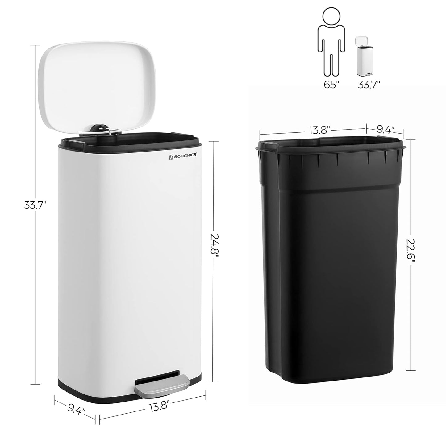 SONGMICS Trash Can with Lid, 8 Gallon Garbage Can, Stainless Steel Small Waste Bin with Step Pedal and Inner Bucket, Soft Close, Kitchen, White ULTB102W01