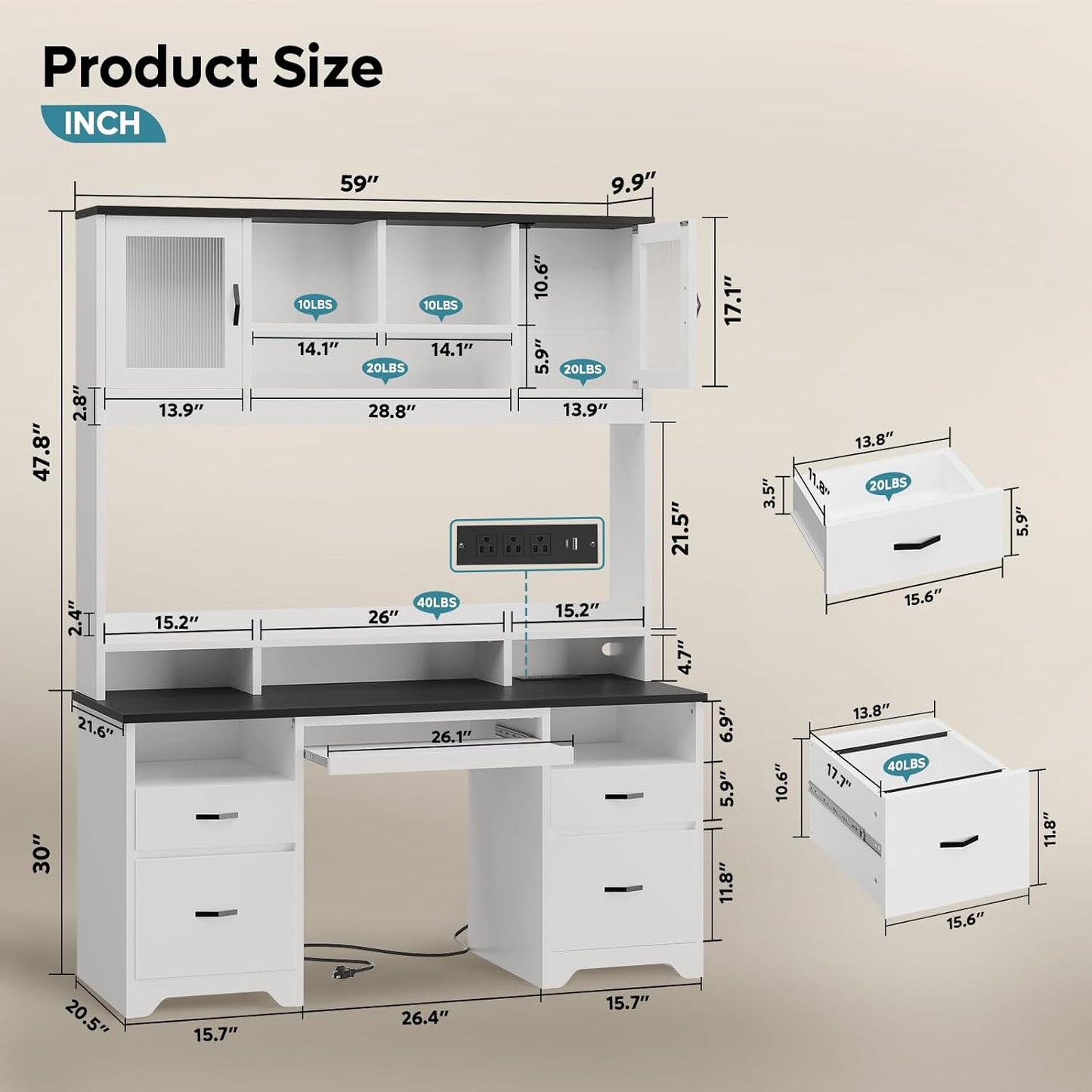 Bestier 77.8" H Executive Desk with Hutch, Modern Wood Computer Desk with Drawers, Charging Station, LED Light, Fluted Storage Cabinet, Keyboard Tray, 59" W Office Desk for Home Office, White