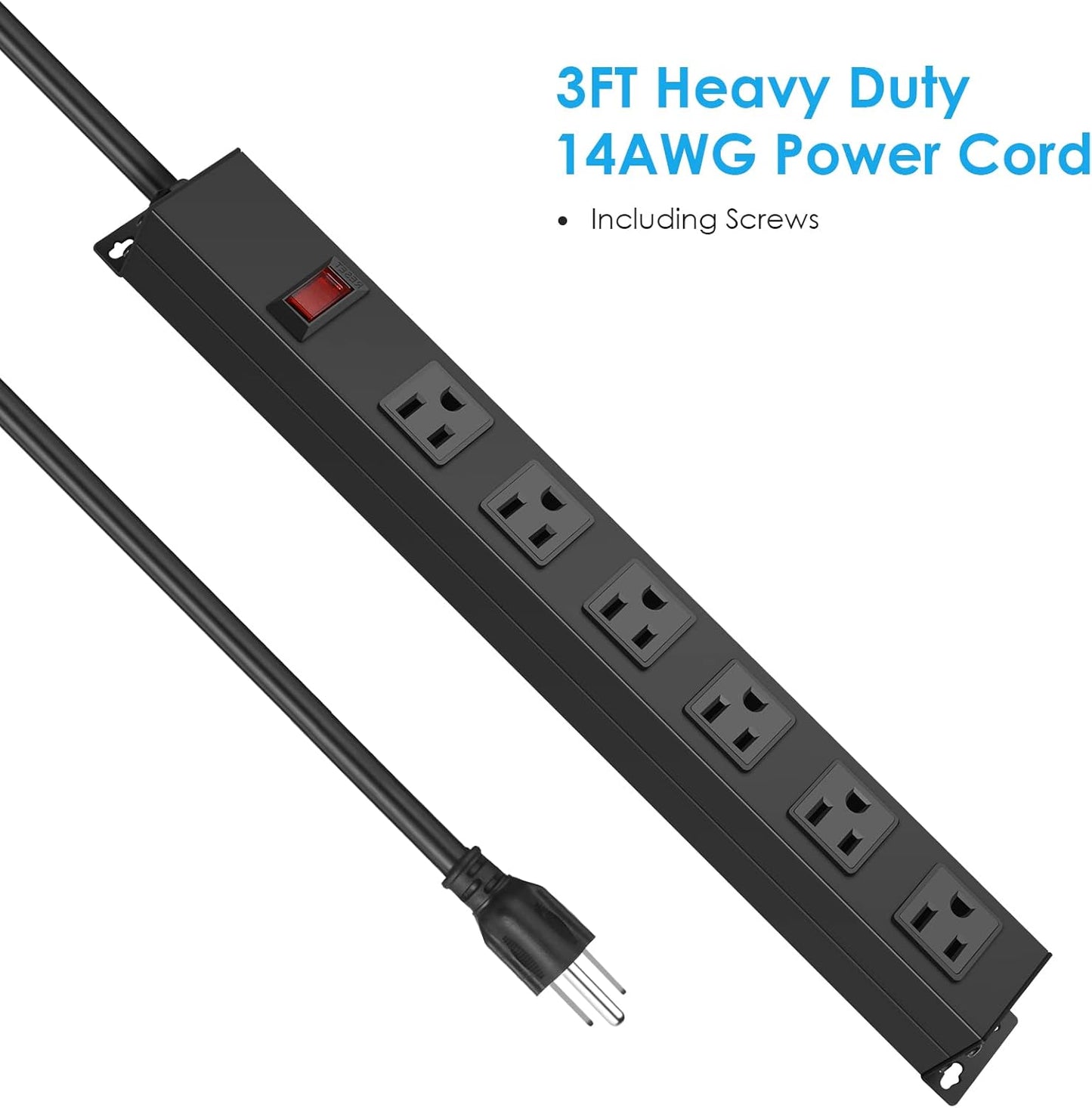 Metal Wall Mount Power Strip, Mountable Power Outlet with 6 AC Outlets, Aluminum Alloy Mount Power Socket with Switch, 3 FT SJT 3/C 14AWG Power Cord, 15A 125V 1875W (6AC) Black