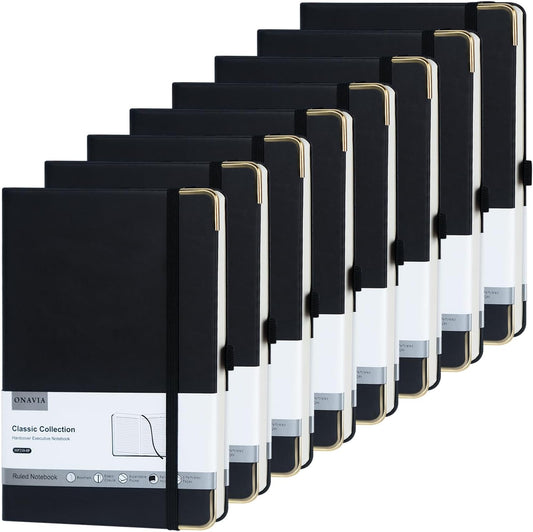 A5 Black Lined Journal Notebook - 100 GSM Thick Paper, 8 Pack Hardcover Journaling Notebooks for Writing, Work, Travel, College Ruled Journals for Women & Men, PU Leather Note Books, 5.5”x8.3”