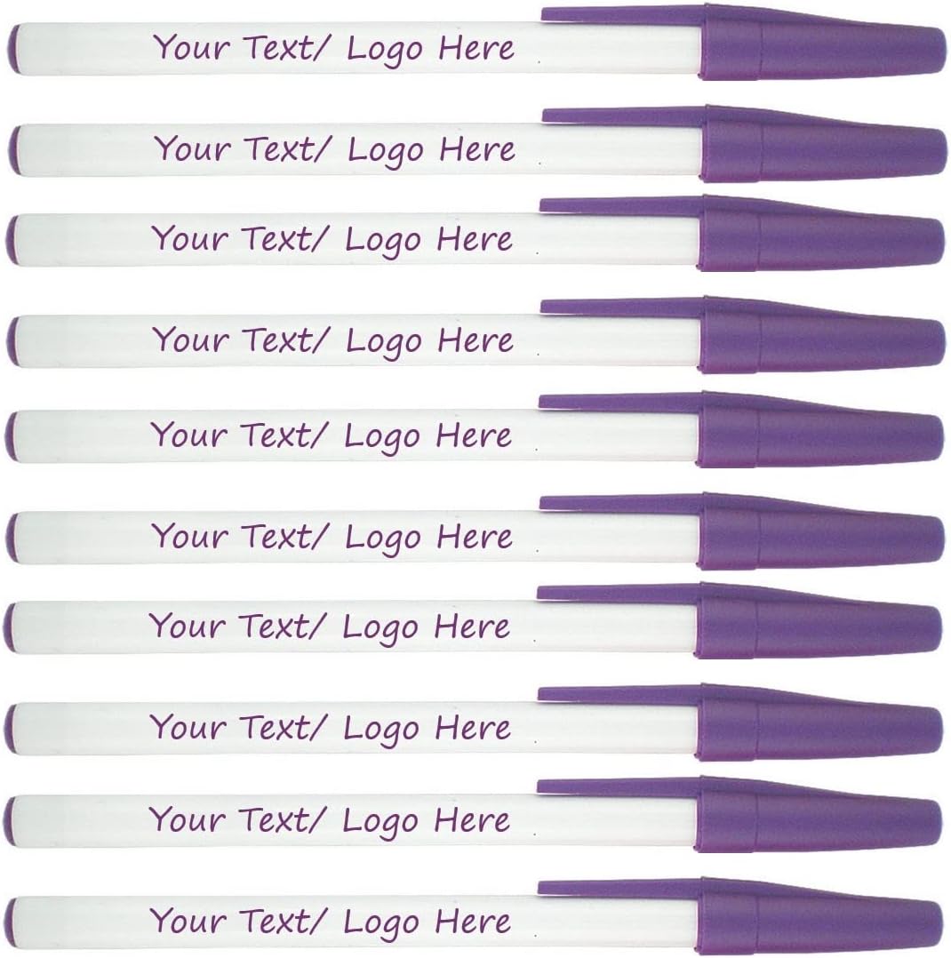 Personalized Stick Pens With your Custom Logo or Text-500 Pack Bulk-for Businesses, Parties, and Events, Custom Printed Slim Ballpoint Pens with Cap, Purple, Black Ink