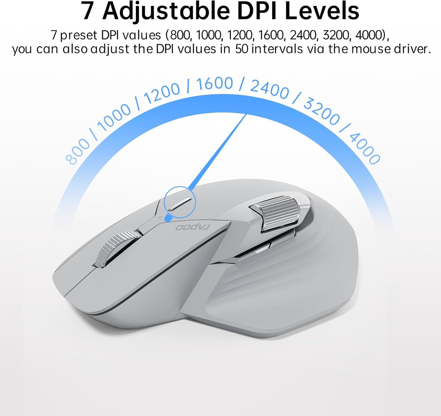 Rapoo MT760Mini Bluetooth Wireless Mouse - Bluetooth 5.0 and 2.4GHz Multi-Mode Connection, Support 4 Devices, M+ Cross Computer Technology, 11 Programmable Buttons,Light Grey