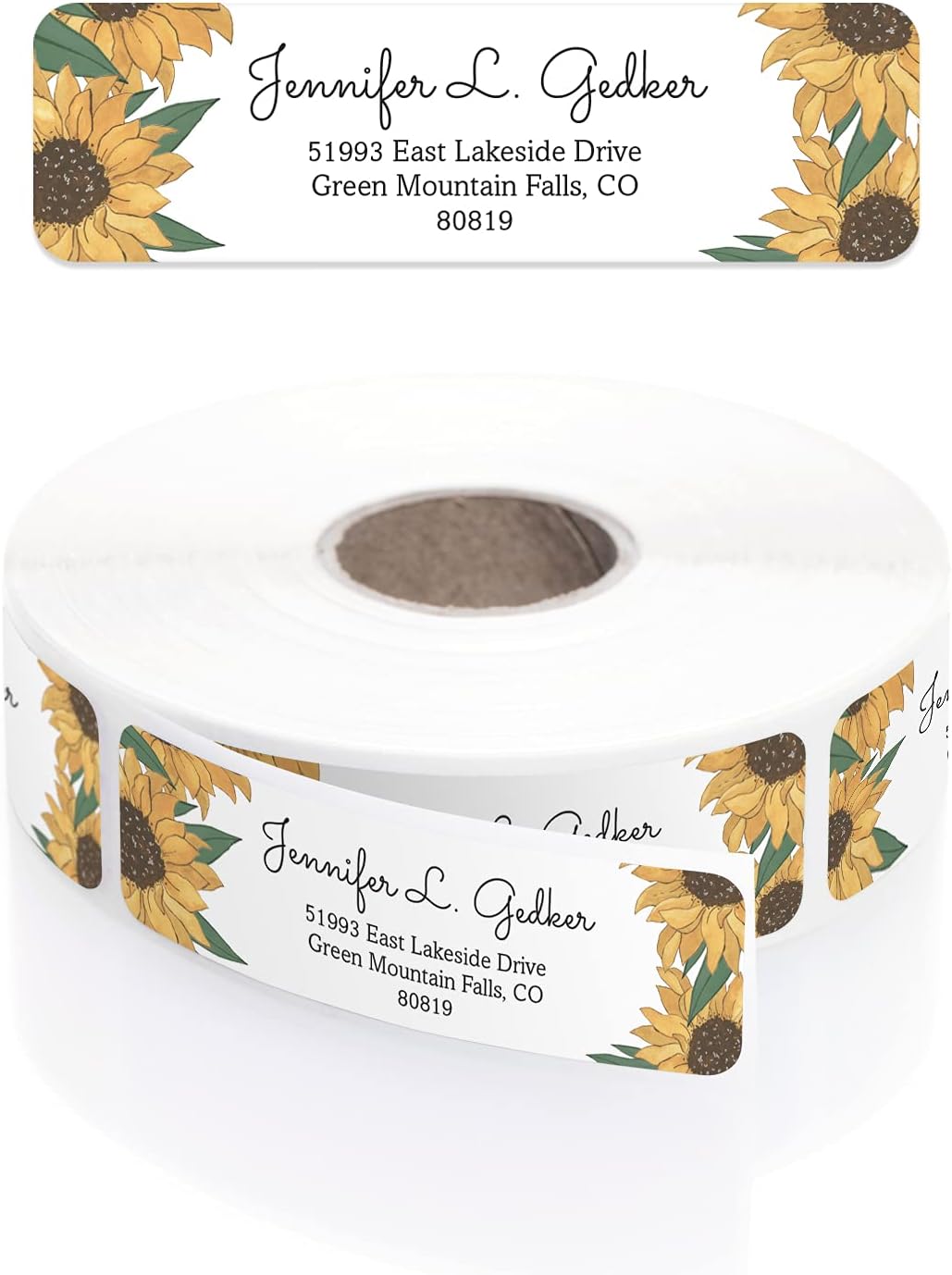 Illustrated Sunflower Rolled Address Labels/Roll of 500 Floral Garden Personalized Address Labels/Designer Return Address Stickers in Elegant Plastic Dispenser